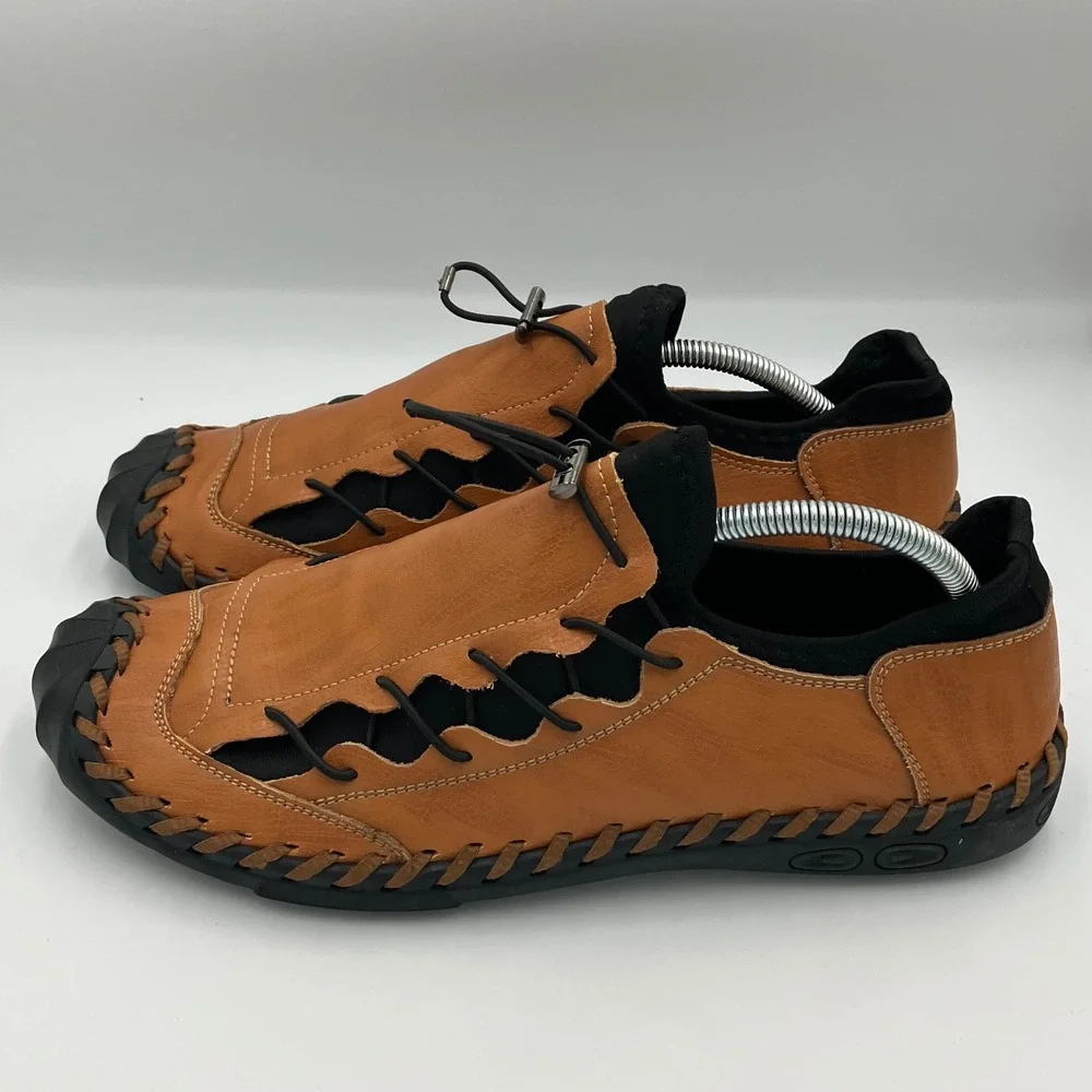 Mens‎ Tan Leather Hand Stitched Toggle Lace 11.5 Loafers Shock Absorber Size 45